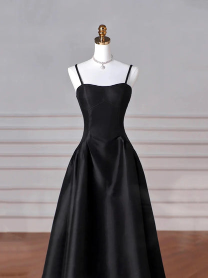 Black Spaghetti Strap Satin Long Prom Dress