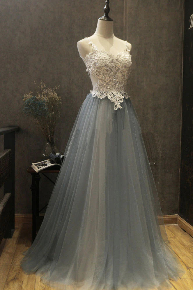 Gray sweetheart neck lace applique tulle long prom Wedding Dresses