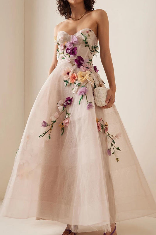 A-line 3D Floral Applique Strapless Tulle Prom Dress With Ankle Length