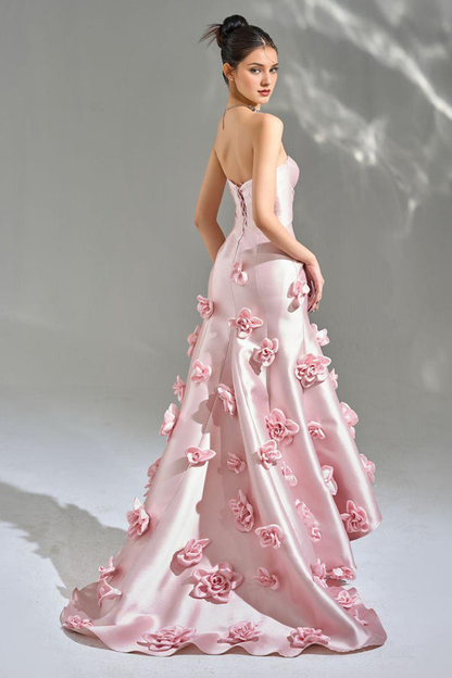 A-line 3D Floral Strapless Off-the-Shoulder Prom Dress With Train