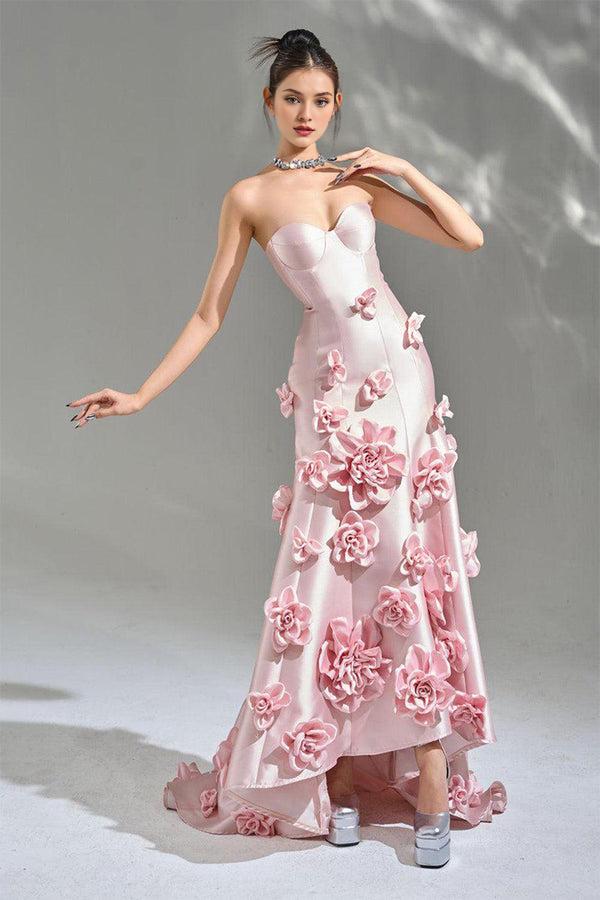 A-line 3D Floral Strapless Off-the-Shoulder Prom Dress With Train