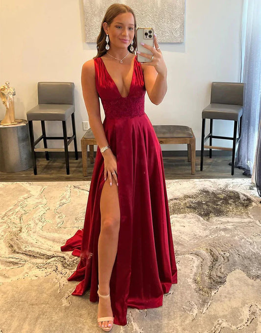 A-line Backless Deep V-neck Long Prom Dresses With Slit