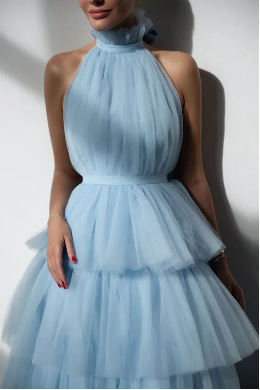 A-line Backless Multi Layer Sleeveless Ankle Length Prom Dress Party Dress