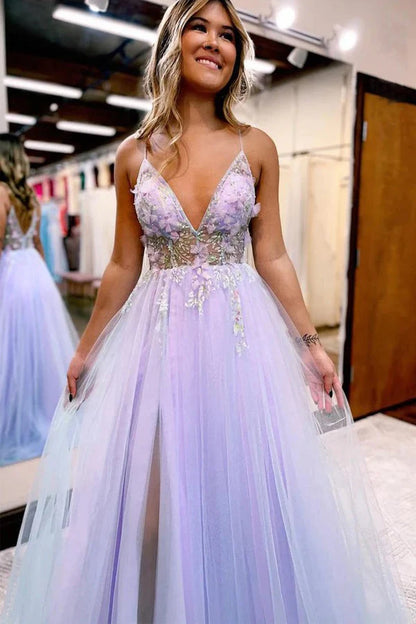 A-line Backless Spaghetti Straps Slit Tulle V-Neck Prom Party Dresses