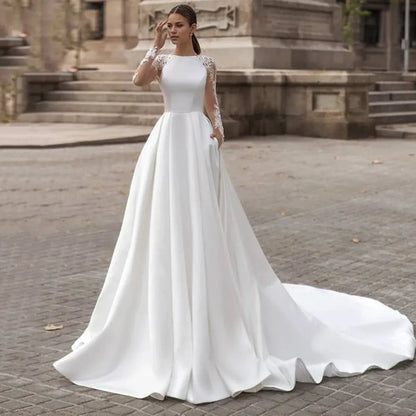 A-line Elegant Embroidery White Evening Dress Wedding Long Sleeve Bridal Party Gowns With Train