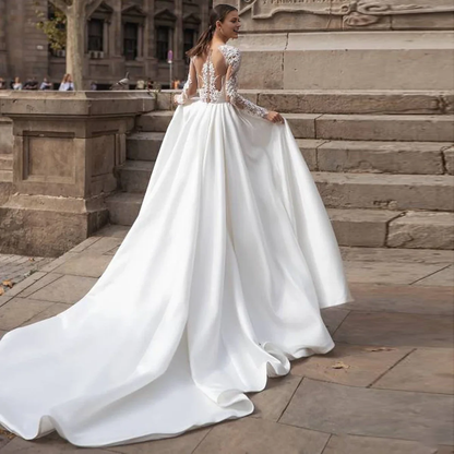 A-line Elegant Embroidery White Evening Dress Wedding Long Sleeve Bridal Party Gowns With Train