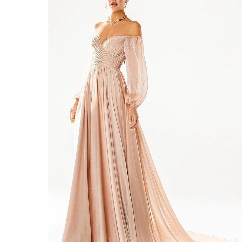 A-line Elegant Off Shoulder White Chiffon Evening Dress Wedding Blush Pink Formal Party Gowns