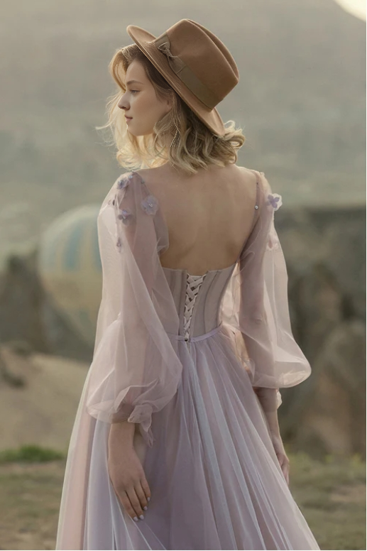 A-line Fairy Strapless Floor Length Lilac Long Sleeve Tulle Prom Party Dress