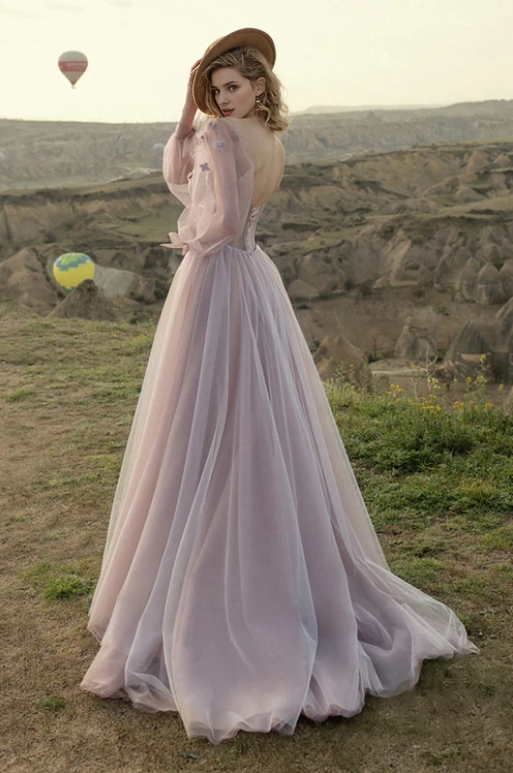 A-line Fairy Strapless Floor Length Lilac Long Sleeve Tulle Prom Party Dress