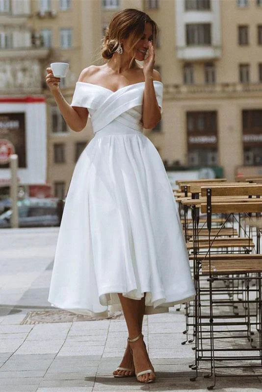 A-line Off the Shoulder Satin Beach White Short Wedding Dress