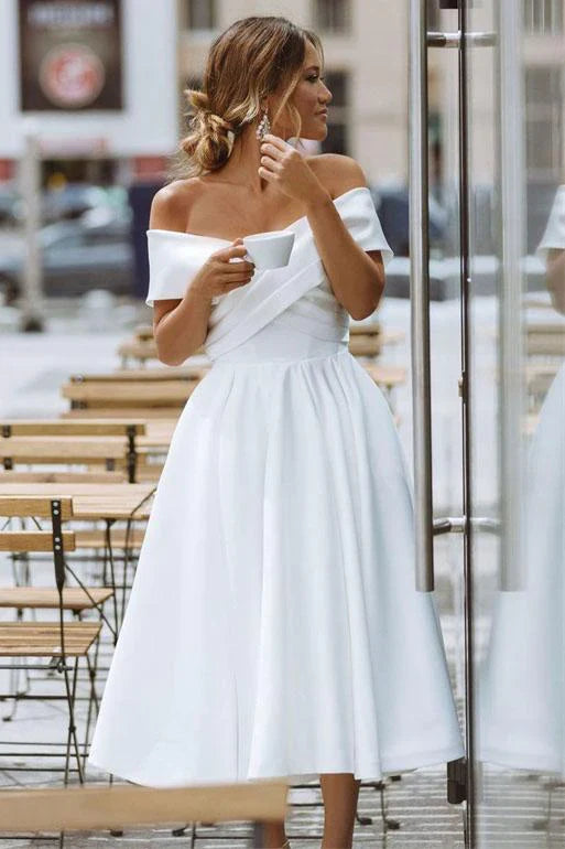 A-line Off the Shoulder Satin Beach White Short Wedding Dress