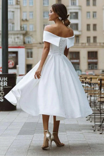 A-line Off the Shoulder Satin Beach White Short Wedding Dress