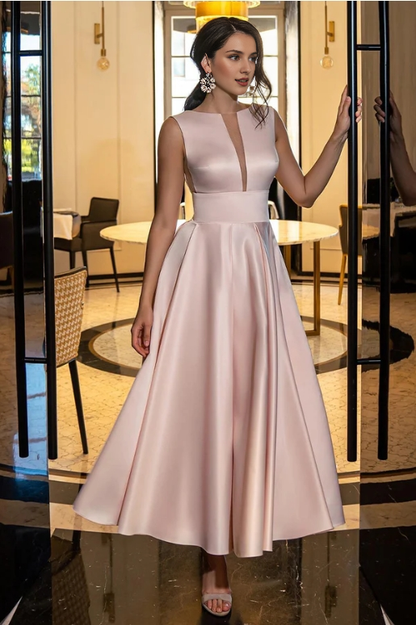 A-line Round Neck Backless Ankle Length Satin Sleeveless Prom Party Dress