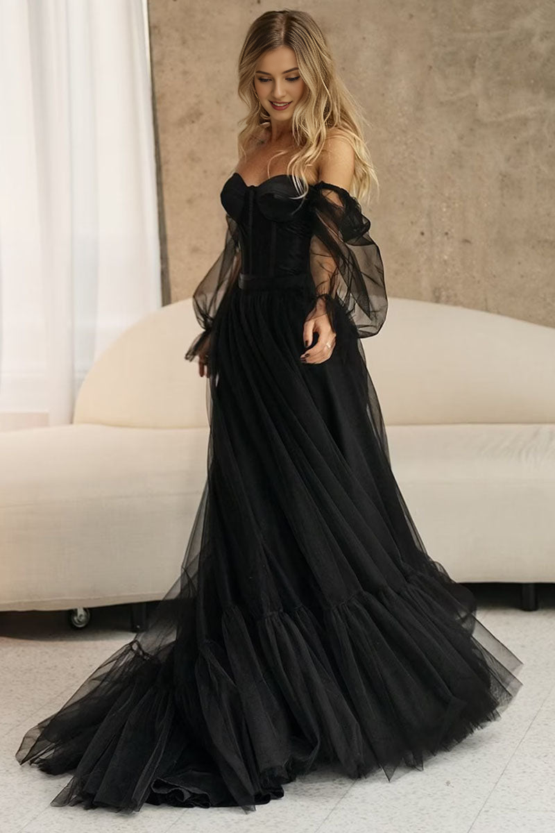 A-line Slit Black Long Sleeve Tulle Off-the-Shoulder With Train