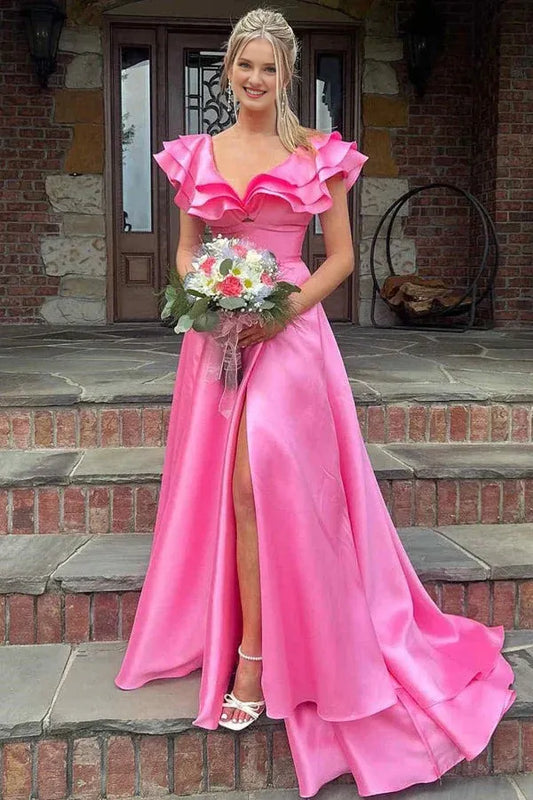 A-line V Neck Satin Backless Ruffles Hot Pink Prom Party Dresses