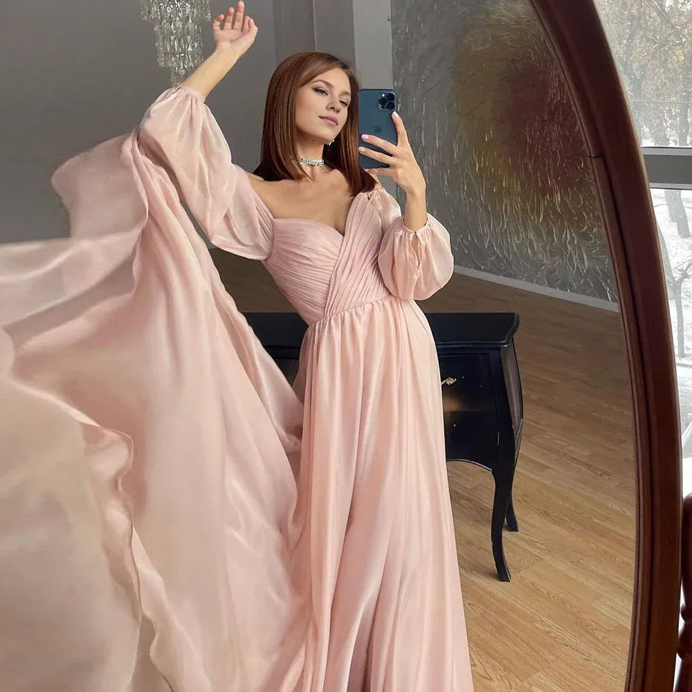 A-line Elegant Off Shoulder White Chiffon Evening Dress Wedding Blush Pink Formal Party Gowns