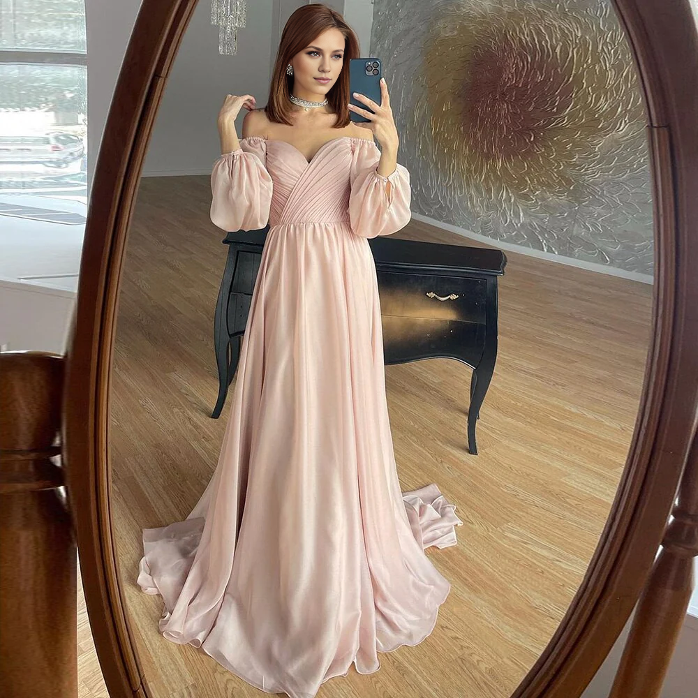 A-line Elegant Off Shoulder White Chiffon Evening Dress Wedding Blush Pink Formal Party Gowns