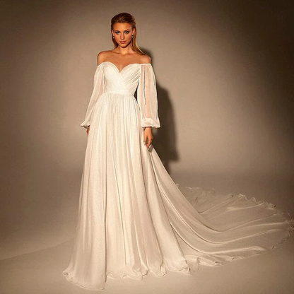 A-line Elegant Off Shoulder White Chiffon Evening Dress Wedding Blush Pink Formal Party Gowns