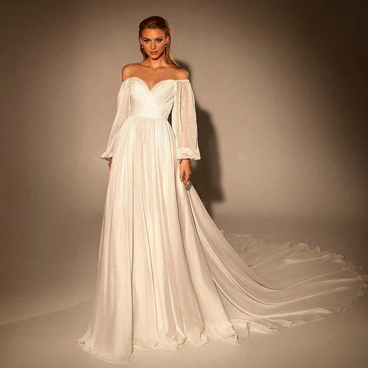 A-line Elegant Off Shoulder White Chiffon Evening Dress Wedding Blush Pink Formal Party Gowns
