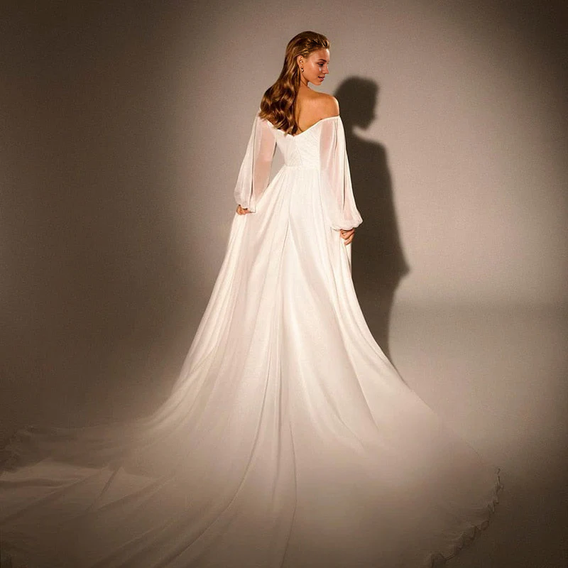 A-line Elegant Off Shoulder White Chiffon Evening Dress Wedding Blush Pink Formal Party Gowns