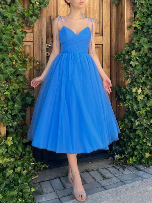 Blue v neck tulle short Homecoming Dresses