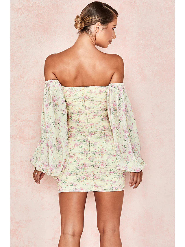 Sexy Floral Party Wear Cocktail Party Dress Off Shoulder Long Sleeve Short Mini Spandex