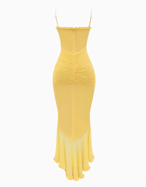 Xuewuba Dress Yellow Sleeveless Mesh Spaghetti Strap Trendy Ruffle Maxi Dress Prom Dress