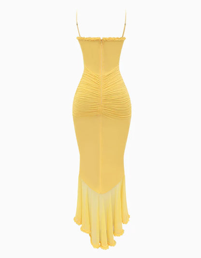 Xuewuba Dress Yellow Sleeveless Mesh Spaghetti Strap Trendy Ruffle Maxi Dress Prom Dress