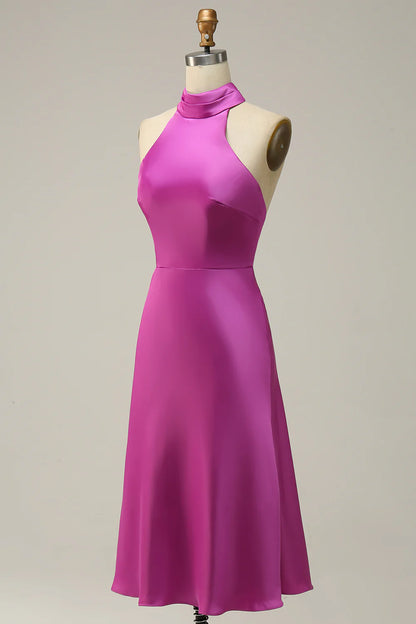 Sheath Halter Neck Satin Bridesmaid Dress