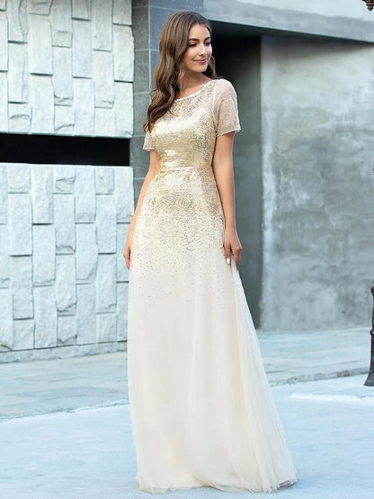 A-Line Jewel Neck Floor Length Tulle Bridesmaid Dress with Sequin