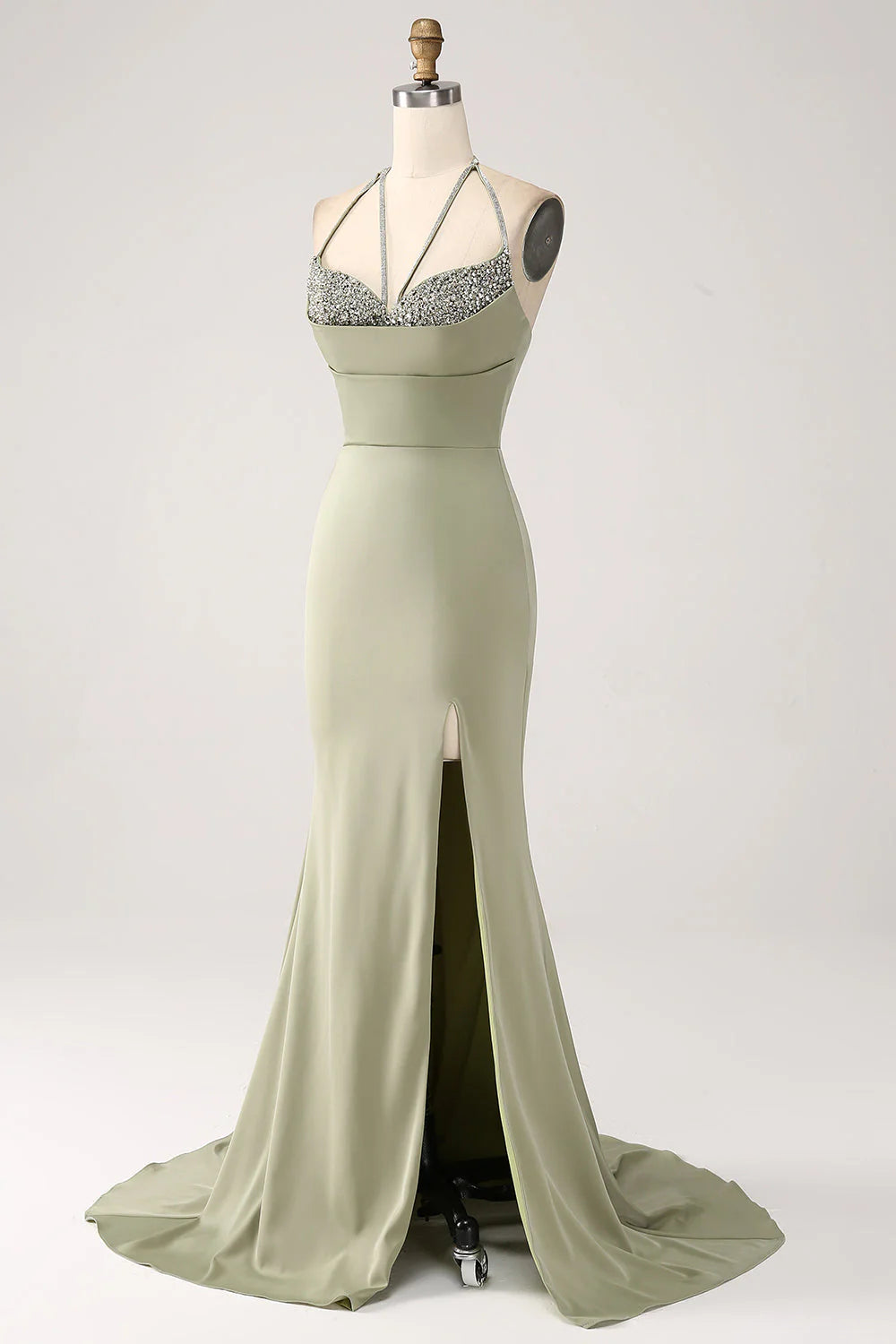 Army Green V-Neck Beaded Long Prom Dress With Slit