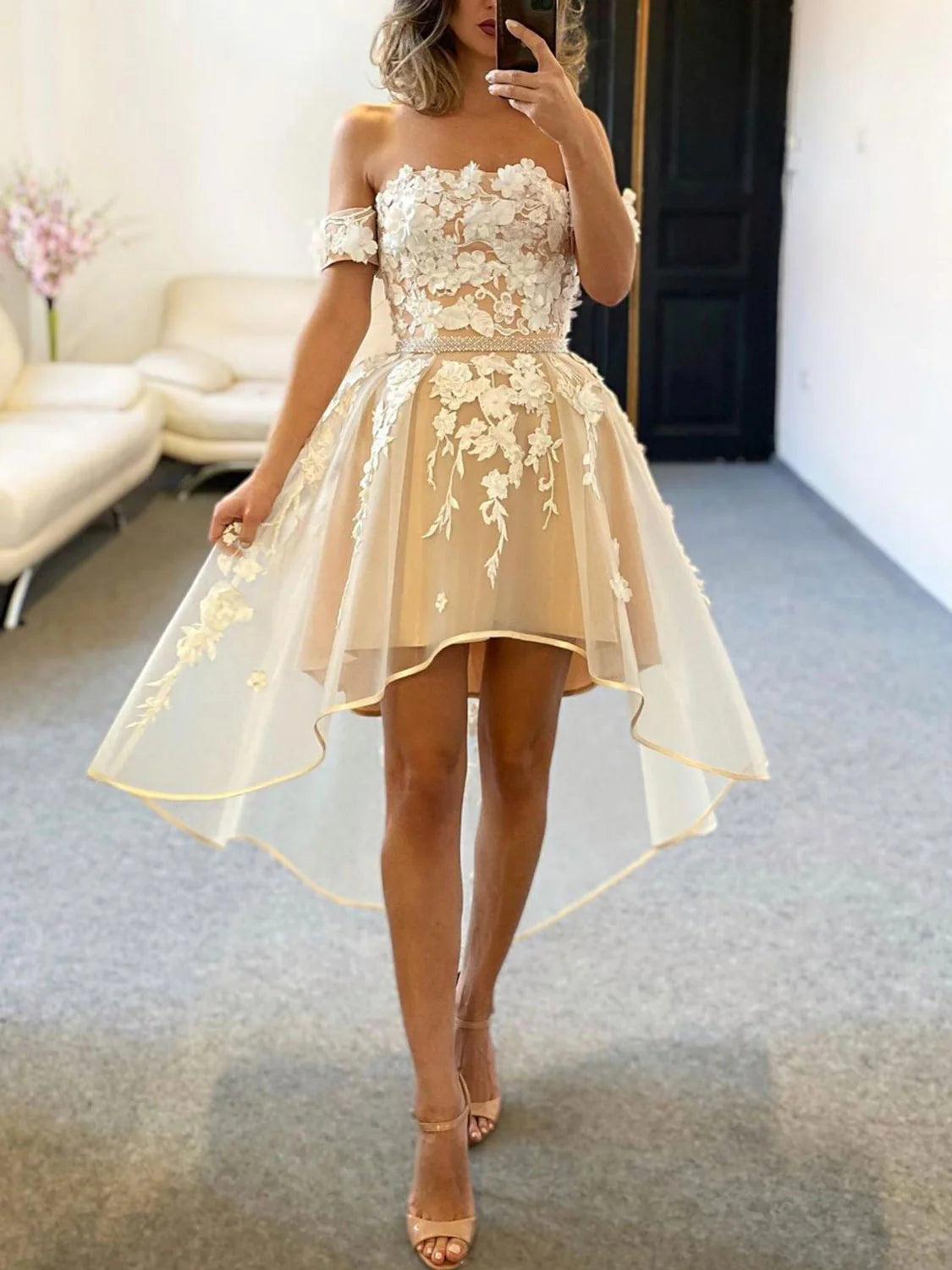 Champagne tulle off shoulder lace high low Homecoming Dresses