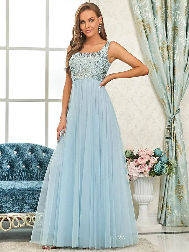 A-Line Spaghetti Strap Floor Length Tulle Sequined Bridesmaid Dress