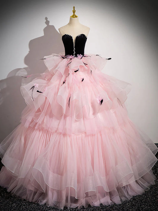 Pink Sweetheart Neck Tulle Long Prom Evening Dresses Dress