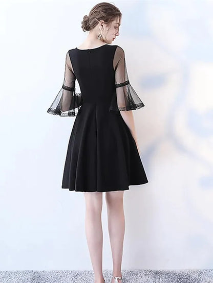 A-Line Minimalist Sexy Engagement Cocktail Party Dress Jewel Neck Half Sleeve Knee Length Tulle with Pleats