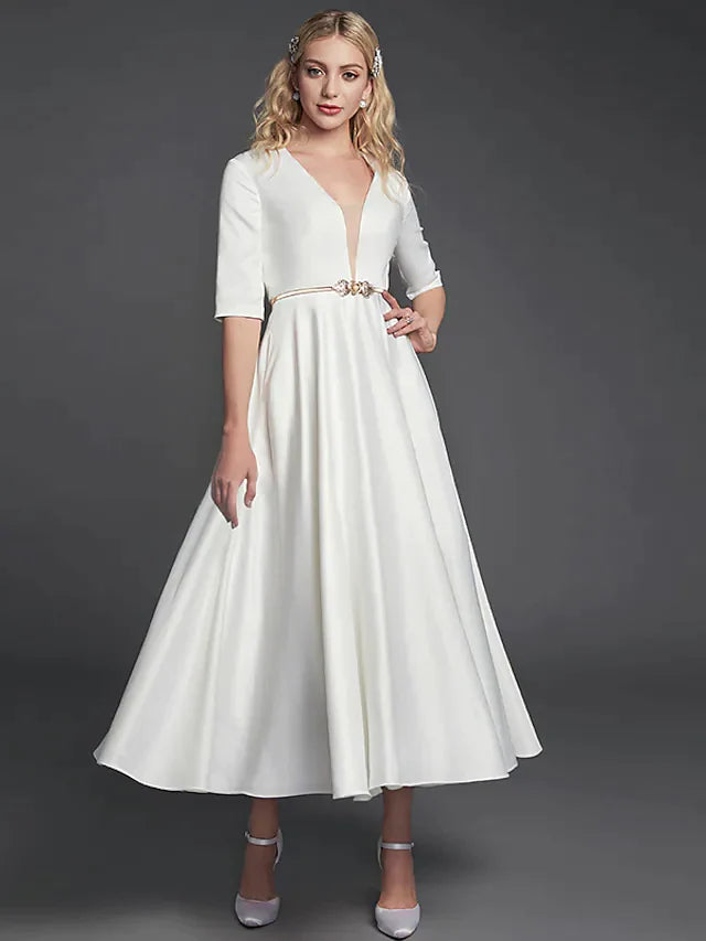 A-Line Minimalist Elegant Homecoming Party Dress V Neck Half Sleeve Tea Length Satin with Ribbon Pleats