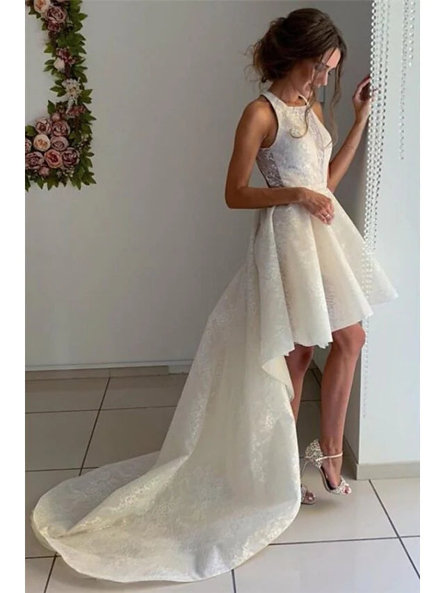 A-Line Wedding Dresses Jewel Neck Asymmetrical Knee Length Lace Organza Sleeveless Country Romantic Cute with Pleats Appliques