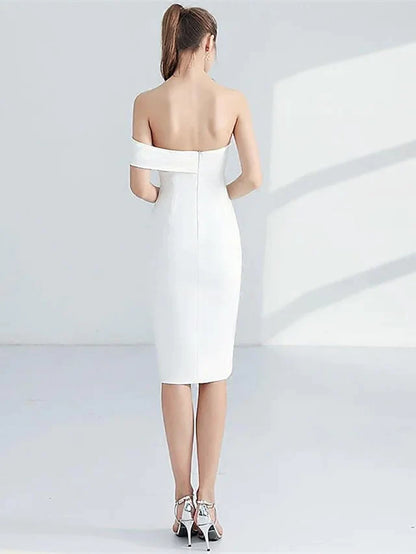Minimalist Elegant Engagement Cocktail Party Dress Strapless Sleeveless Knee Length with Sleek Split