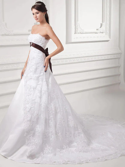 A-Line Wedding Dresses Strapless Chapel Train Lace Satin Tulle Strapless with Sashes Ribbons Bow(s) Beading