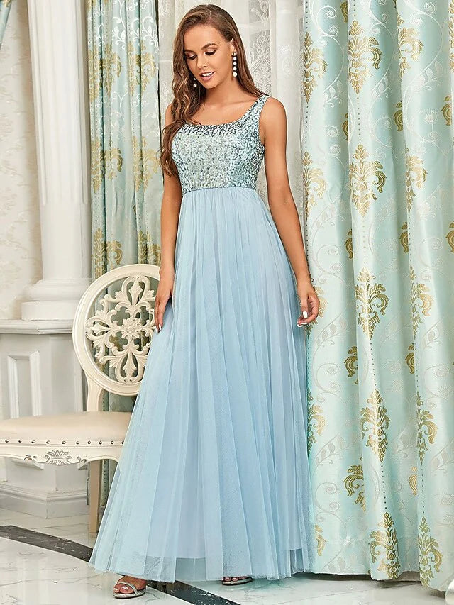 A-Line Spaghetti Strap Floor Length Tulle Sequined Bridesmaid Dress