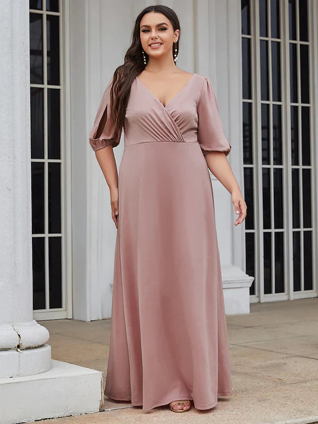 A-Line V Neck Floor Length Satin Stretch Satin Bridesmaid Dress