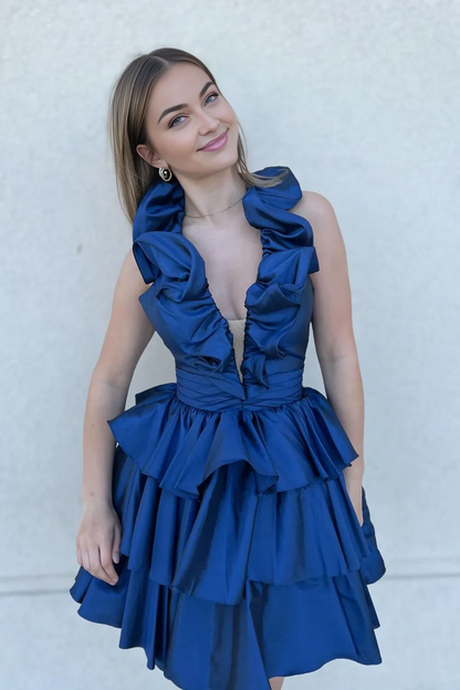 Backless Halter Deep V-neck A-Line Satin Short Homecoming Dress with Ruffles