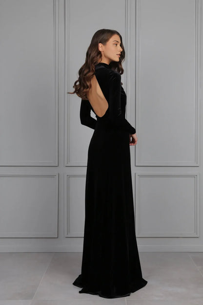 Black Bridesmaid Velvet Dress High Quality Fabric Dress Gown Mock Neck Open Round Back Long Sleeve Prom Dress