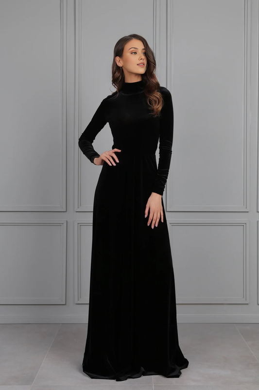 Black Bridesmaid Velvet Dress High Quality Fabric Dress Gown Mock Neck Open Round Back Long Sleeve Prom Dress