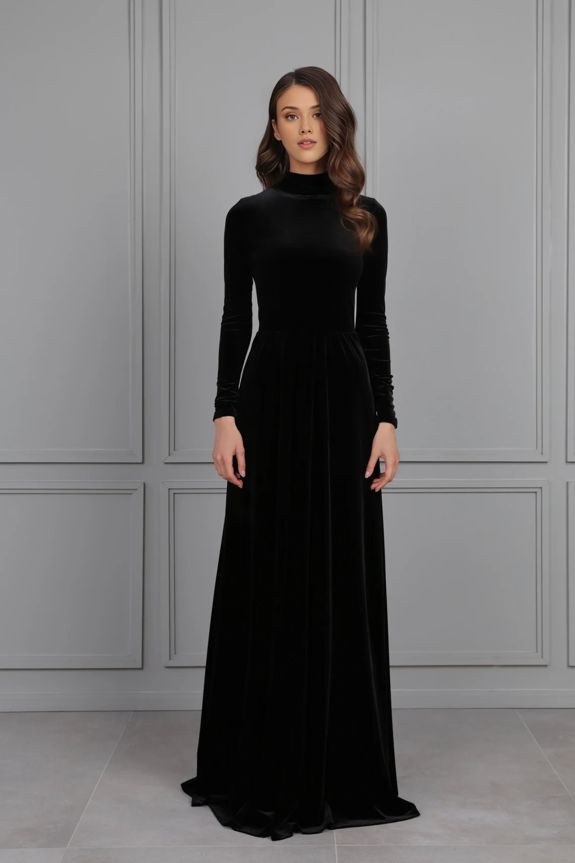 Black Bridesmaid Velvet Dress High Quality Fabric Dress Gown Mock Neck Open Round Back Long Sleeve Prom Dress