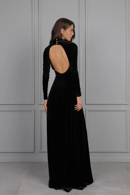 Black Bridesmaid Velvet Dress High Quality Fabric Dress Gown Mock Neck Open Round Back Long Sleeve Prom Dress