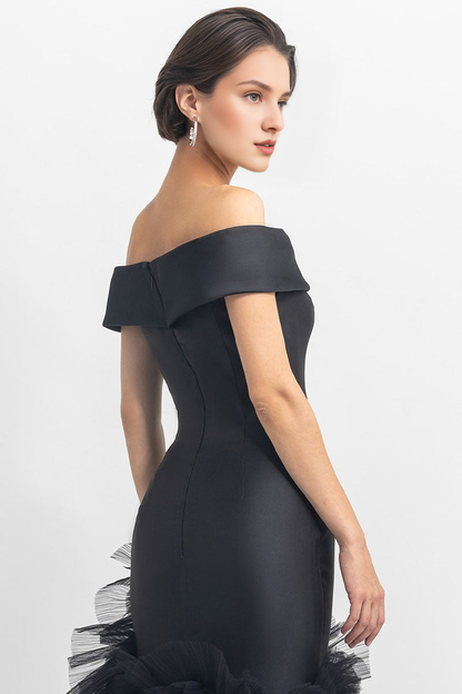 Black Off-the-Shoulder Multi Layer Slit Prom Dress With Train