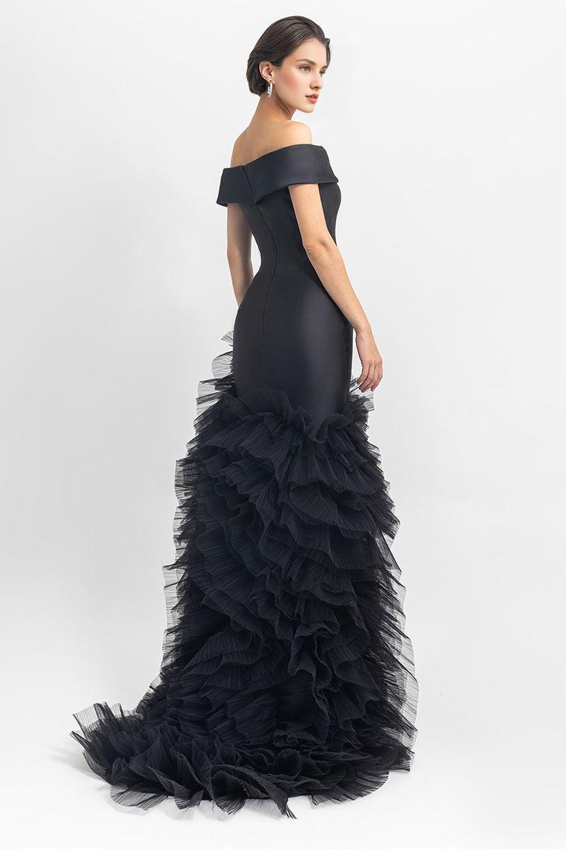 Black Off-the-Shoulder Multi Layer Slit Prom Dress With Train