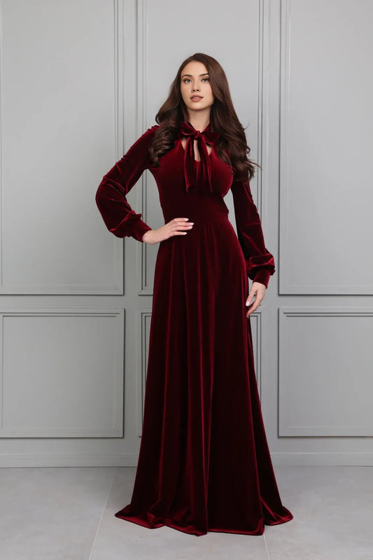 Bridesmaid Velvet Dress Dark Burgundy Dress Modest Dress Evening Dress Long Sleeves Reception Dress Gown Dress Elegant Dress Formal Dress Prom Dress