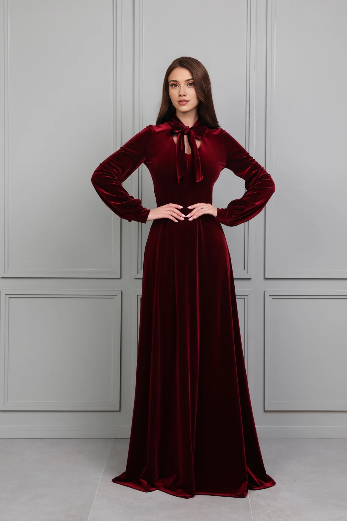 Bridesmaid Velvet Dress Dark Burgundy Dress Modest Dress Evening Dress Long Sleeves Reception Dress Gown Dress Elegant Dress Formal Dress Prom Dress